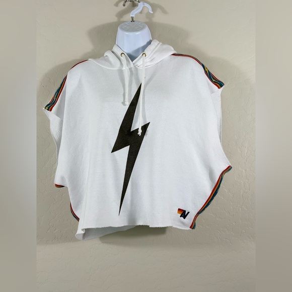 Aviator Nation BOLT STRIPE SLEEVELESS RELAXED CROPPED PULLOVER HOODIE - WHITE - Picture 3 of 7